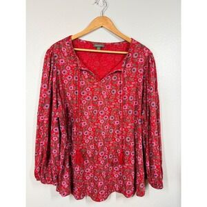 Style & Co Red Floral Print Tassel V Neck Long Sleeve Tunic Top Plus Size 2X